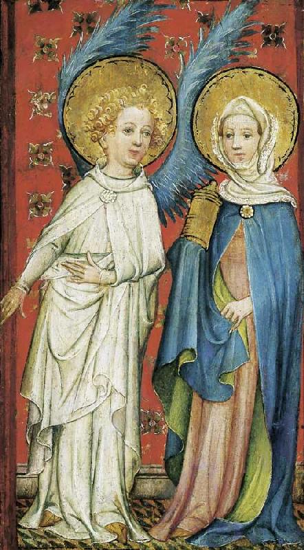 Der Engel empfängt die drei Marien am Grabe (linker Flügel). od Älterer Meister der Aachener Schranktüren