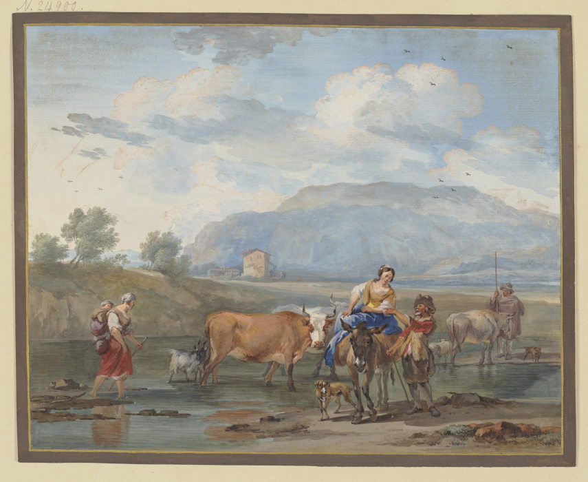 Hirten treiben Kühe durch ein Wasser, links trägt eine Frau ihr Kind auf dem Rücken, rechs reitet ei od Aert Schouman