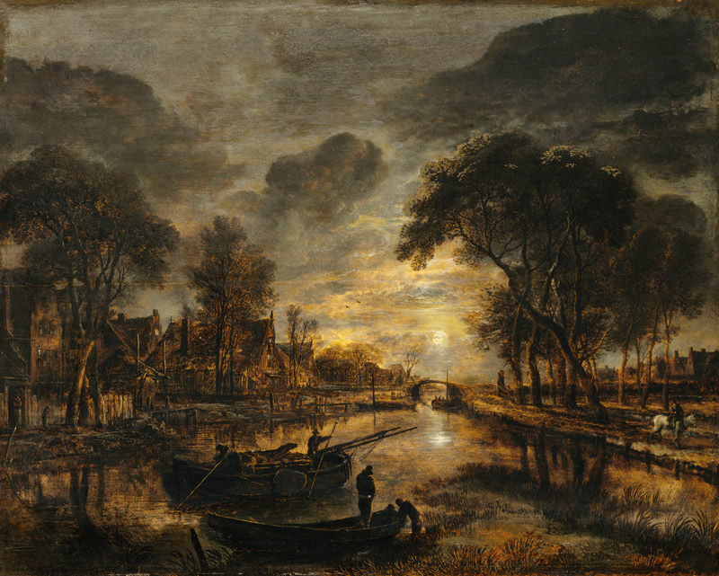 Nocturnal Canal Landscape with Fishing Boats od Aert van der Neer