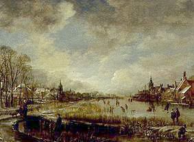 Two small towns at a river with Kolfspielern frozen up and ice-skaters od Aert van der Neer