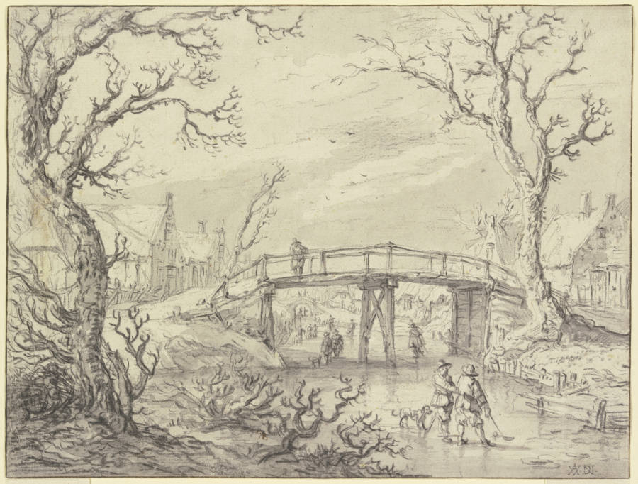 Über einen zugefrorenen Kanal bei einem Dorf eine Holzbrücke, vorne zwei Männer mit einem Hund od Aert van der Neer
