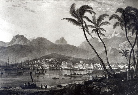 Port Louis from ''Views in the Mauritius'' by T.Bradshaw; engraved by William Rider od (after) BradshawT.