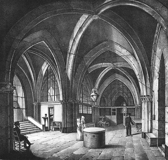 Interior view of the entrance room at the Conciergerie Prison; engraved by Alphonse Urruty (1800-70) od (after) Collard
