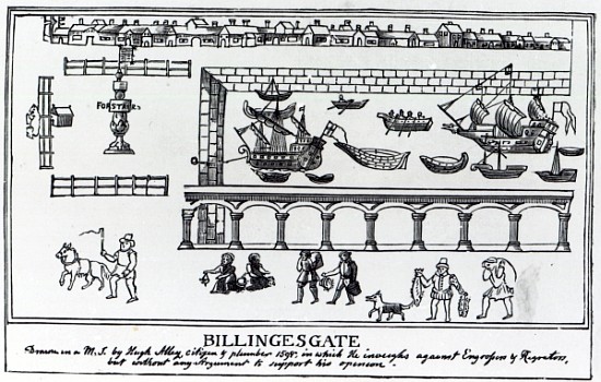 Billingsgate Market, London, after an original drawing from c.1598 od (after) English School