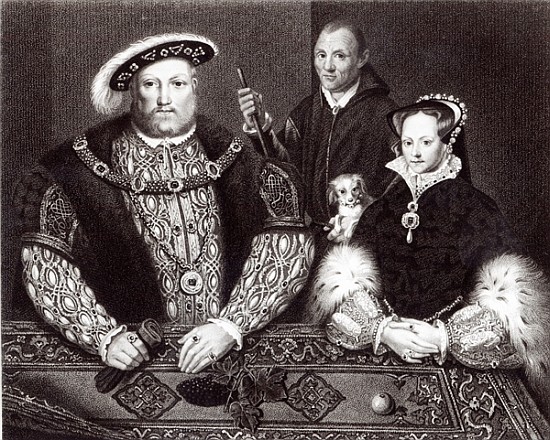 Henry VIII, his daughter Queen Mary and Will Somers, after a 16th century oil painting, painted post od (after) English School