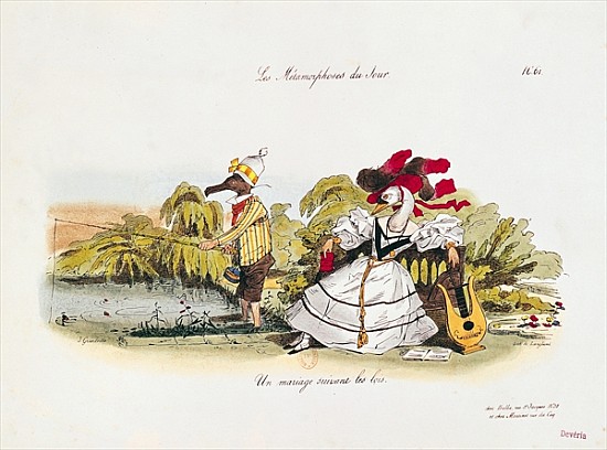 Marriage the Book, caricature from ''Les Metamorphoses du Jour'' series; engraved by  G. Langlume (1 od (after) Grandville (Jean Ignace Isidore Gerard)