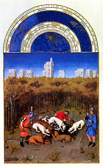 Fascimile of December: hunting wild boar, copied from ''Tres Riches Heures du Duc de Berry''  (for o od (after) Limbourg Brothers