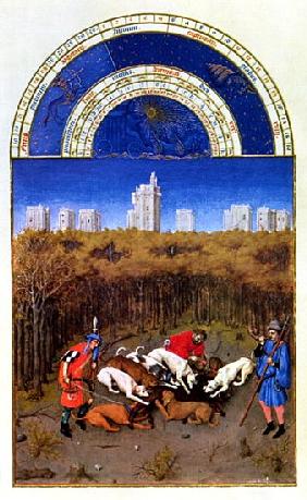 Fascimile of December: hunting wild boar, copied from ''Tres Riches Heures du Duc de Berry''  (for o