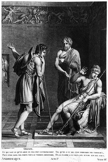 Orestes and Pyrrhus, illustration from Act I Scene 2 of ''Andromaque'' Jean Racine (1639-99) ; engra od (after) Anne Louis Girodet de Roucy-Trioson