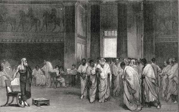 Appius Claudius persuading the Senate to reject Pyrrhus'' offer of Peace, from ''Leisure Hour'' od (after) Cesare Maccari