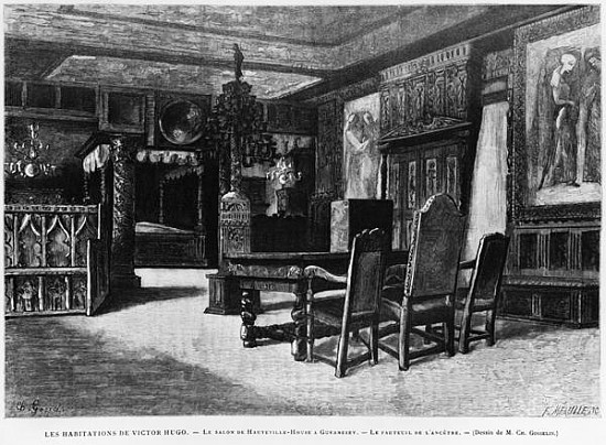 Homes of Victor Hugo, the lounge at Hauteville house in Guernsey, the armchair of the ancestor; engr od (after) Charles Gosselin