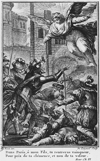 Siege of Paris, apparition of St. Louis (1214-70) to Henri IV (1553-1610) ; engraved by Joseph de Lo od (after) Charles Joseph Dominique Eisen