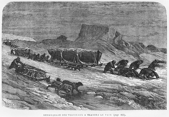 Pulling the sledges through the pack ice, illustration from ''Expedition du Tegetthoff'' Julius Pray od (after) Edouard Riou