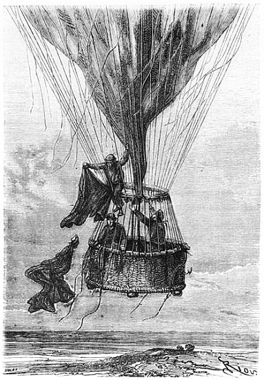 Three Men in a Gondola, illustration from ''Five Weeks in a Balloon'' Jules Verne (1828-1905) od (after) Edouard Riou