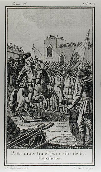 Hernando Cortes (1485-1547) Reviewing his Troops; engraved by Antonio Rodriquez od (after) F. Marti