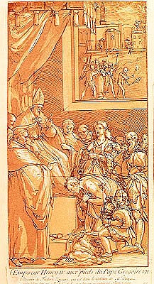 Emperor Henri IV (1050-1106) at the feet of Pope Gregory VII (1020-85) ; engraved by Nicolas Le Sueu od (after) Federico Zuccari or Zuccaro