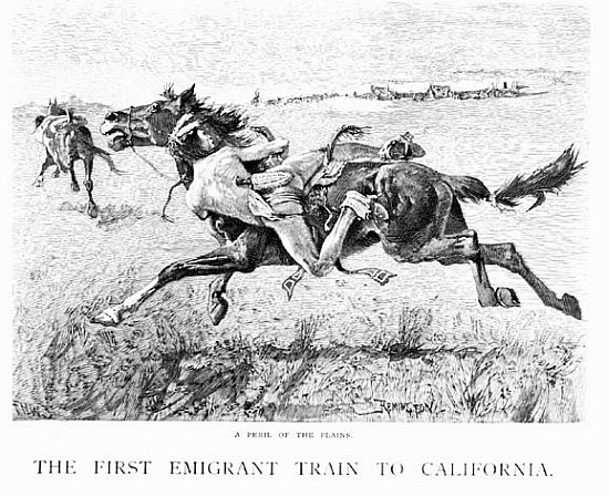 A Peril of the Plains, the First Emigrant Train to California; engraved by F.H.W. od (after) Frederic Remington