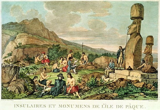 \\Islanders and Monuments of Easter Island\\\, plate 11 from the \\\Atlas de Voyage de La Perouse\\\ od (after) Gaspard Duche de Vancy