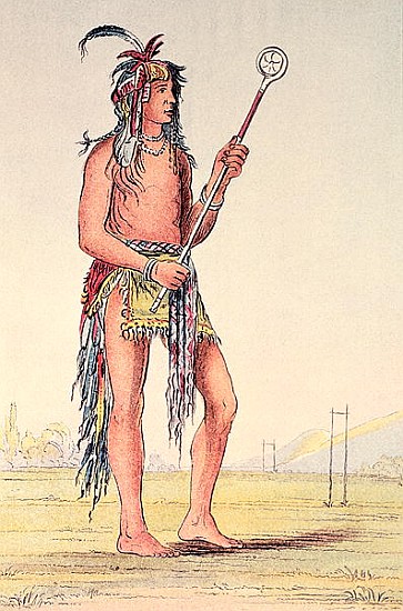 Sioux ball player Ah-No-Je-Nange, ''He who stands on both sides'' (hand-coloured litho) od (after) George Catlin