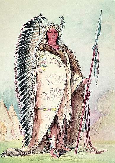 Sioux chief, ''The Black Rock'' (hand-coloured litho) od (after) George Catlin
