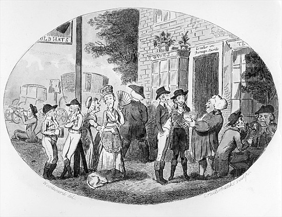 Outside the Old Hats Tavern; engraved by Isaac Cruikshank od (after) George Moutard Woodward