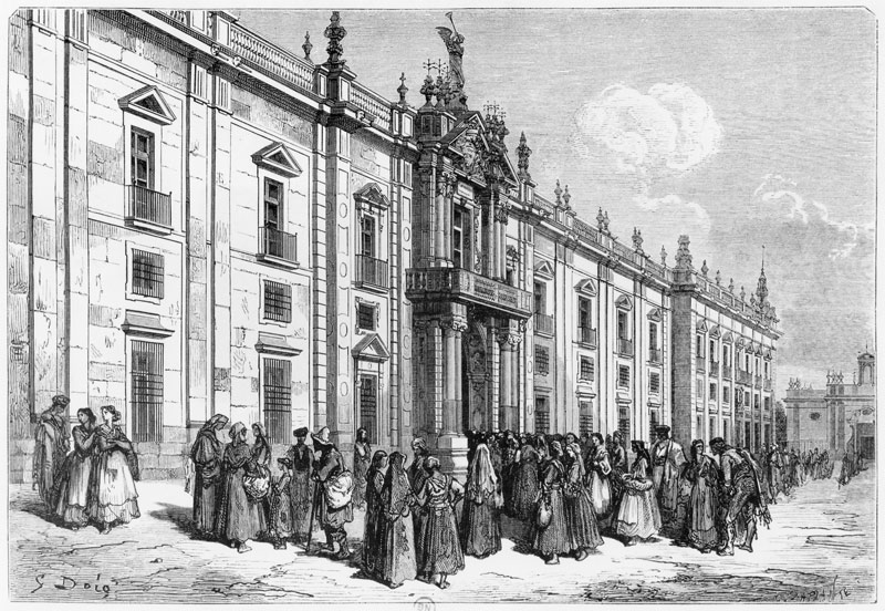 The tobacco factory at Seville; engraved by Charles Laplante (d.1903) od (after) Gustave Dore