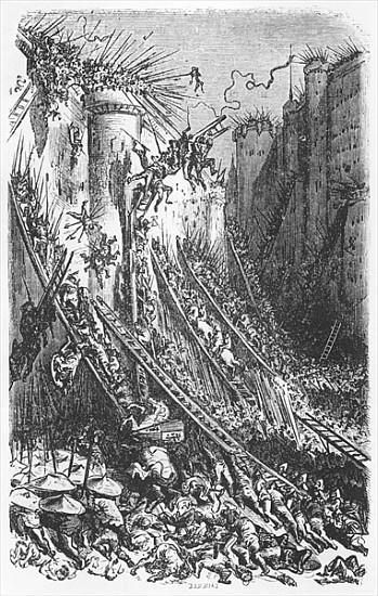 Attacking a castle or a fortified town, illustration from ''Les Contes Drolatiques'' Honore de Balza od (after) Gustave Dore