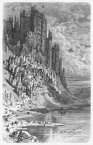 Fantasy landscape with town and castle, illustration from ''Les Contes Drolatiques'' Honore de Balza od (after) Gustave Dore