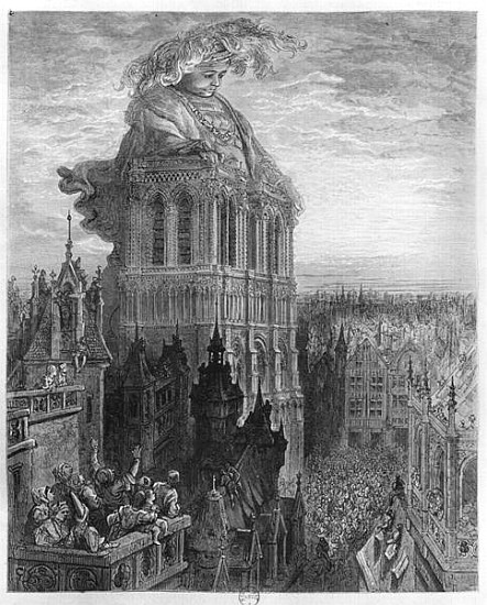 Gargantua on the towers of Notre-Dame at Paris, illustration from ''Gargantua'' Francois Rabelais (1 od (after) Gustave Dore