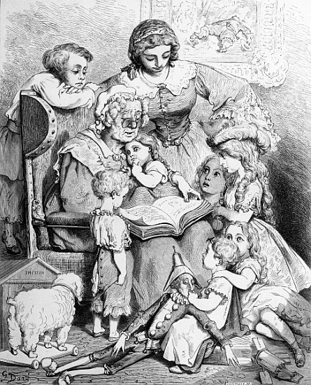 Grandmother telling a story to her grandchildren, illustrated title page from ''Les contes de Perrau od (after) Gustave Dore