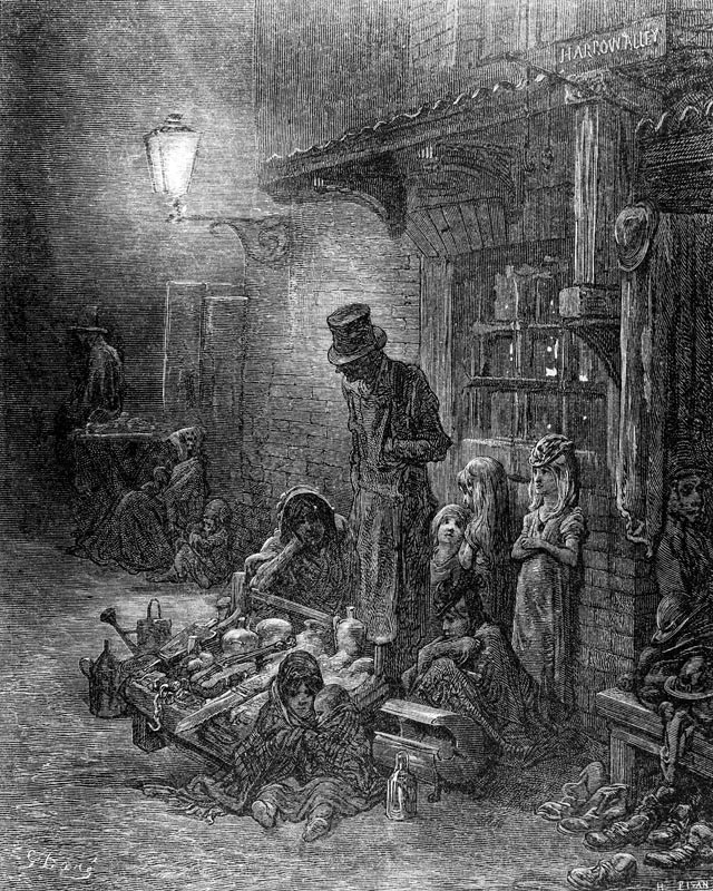Off Billingsgate, view of Harrow Alley, from ''London, a Pilgrimage'', written by William Blanchard  od (after) Gustave Dore