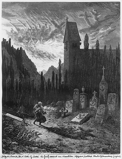 The Wandering Jew in the cemetery; engraved by Octave Jahyer (b.1826) od (after) Gustave Dore
