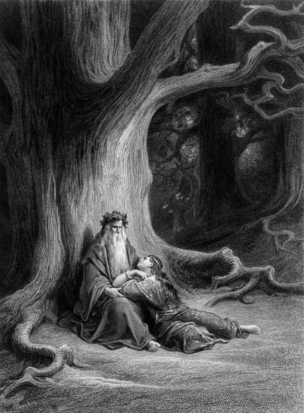 The Enchanter Merlin and the Fairy Vivien in the forest of Broceliande, from ''Vivien'', poem Alfred od (after) Gustave Dore