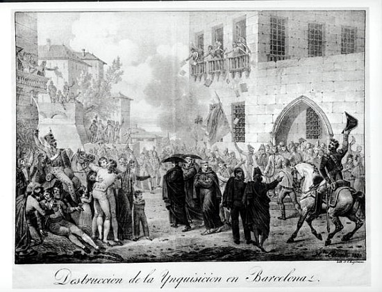 Destruction of the Inquisition in Barcelona, 10th March 1820; engraved by Godefroy Engelmann (1788-1 od (after) Hippolyte Lecomte