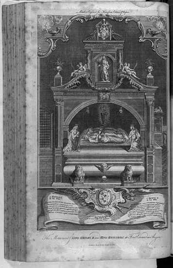 The Monument to Henry II and Richard I in Fontevrault Abbey; engraved by John Goldar od (after) Hubert Gravelot