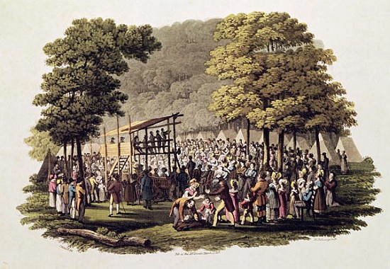 Camp Meeting of the Methodists in North America; engraved by Matthew Dubourg (fl.1813-20) 1819 od (after) Jacques Milbert