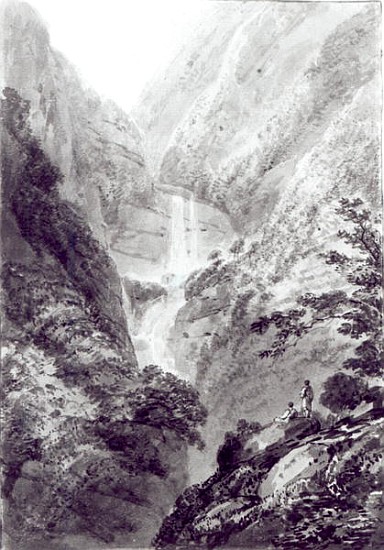 The Cascade of Minzapeezo, watercolour by Samuel Davies after an engraving, c.1800 od (after) James Basire