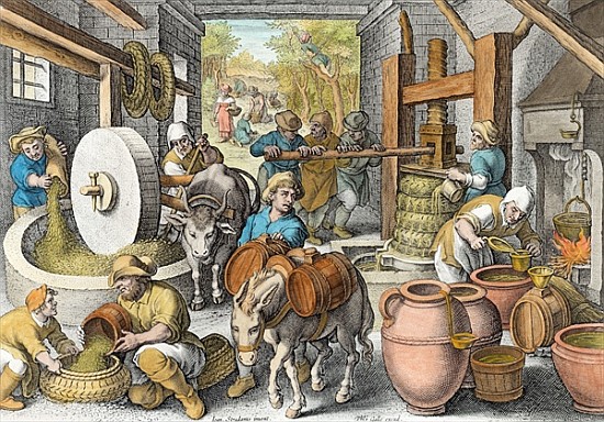 The Production of Olive Oil, plate 13 from ''Nova Reperta'' (New Discoveries) ; engraved by Philip G od (after) Jan van der (Giovanni Stradano) Straet