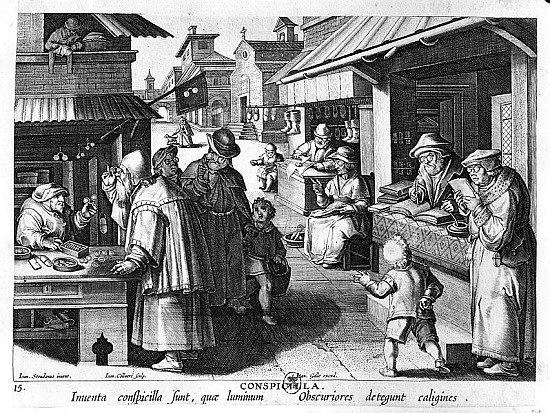 The Spectacles Seller; engraved by Jan Collaert and Joan Galle (1600-76) od (after) Jan van der (Giovanni Stradano) Straet