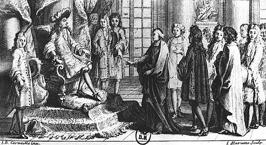Members of the French Academy presenting the dictionary to Louis XIV (1638-1715) in 1694; engraved b od (after) Jean-Baptiste Corneille