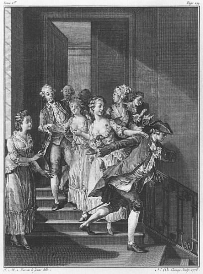 Saint-Preux escaping, volume I, page 279, illustration from ''La Nouvelle Heloise'' Jean-Jacques Rou od (after) Jean Michel the Younger Moreau