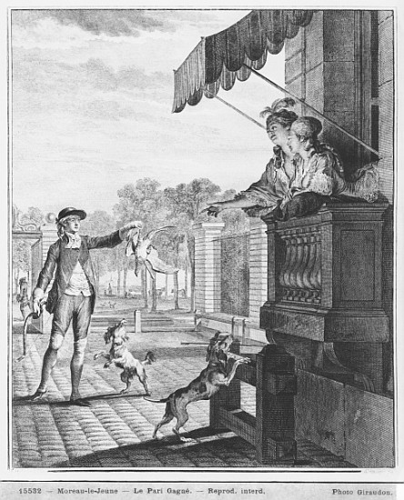 Taking up a bet; engraved by Camligue (fl.1785) c.1777 od (after) Jean Michel the Younger Moreau