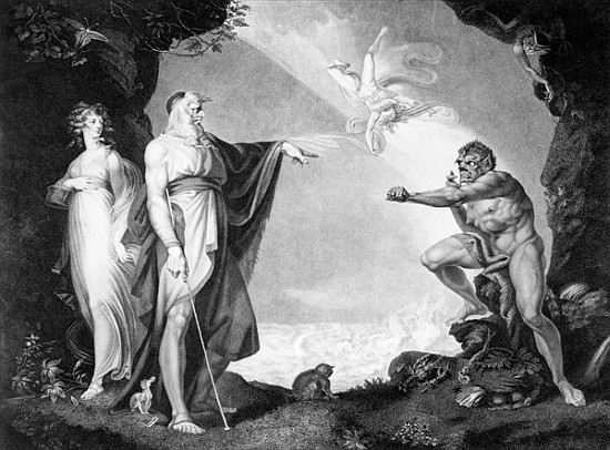 Prospero, Miranda, Caliban and Ariel, plate four from The Boydell Shakespeare Gallery; engraved by J od (after) Johann Heinrich) Henry (Fussli, Johann Heinrich) Fuseli