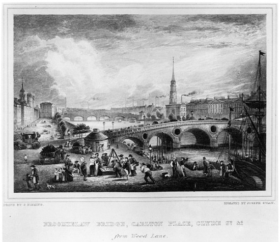 Broomielaw Bridge, Carlton Place, Clyde St., Glasgow; engraved by Joseph Swan od (after) John Fleming