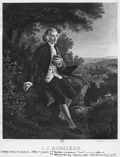 Jean-Jacques Rousseau composing ''Emile'' in Montmorency valley; engraved by Hippolyte Huet (19th ce od (after) Joseph Albrier