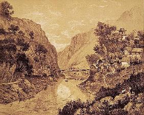 Suspension Bridge at Lao-Oua-Tan, Plate 46, from ''Exploration de l''Indochine, Vol.II''; engraved b