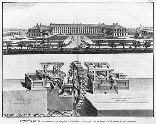 A paper mill, illustration from the ''Encyclopedie des Sciences et Metiers'' Denis Diderot (1713-84) od (after) Louis-Jacques Goussier