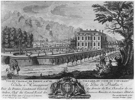 Voltaire''s house in Ferney, west side; engraved by Francois, Maria, Isidore Queverdo (1748-97) od (after) Louis Signy