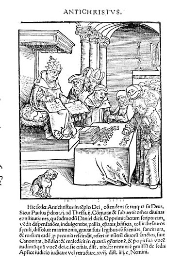 The Pope selling Indulgences from ''Passional Christi und Antichristi'' Philipp Melanchthon, publish od Lucas  Cranach