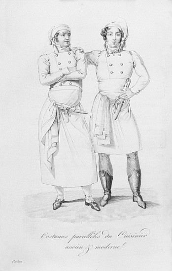 Costumes of cooks from different eras, from ''Le Maitre d''Hotel francais'' Marie Antoine Careme, pu od (after) Marie Antoine Careme